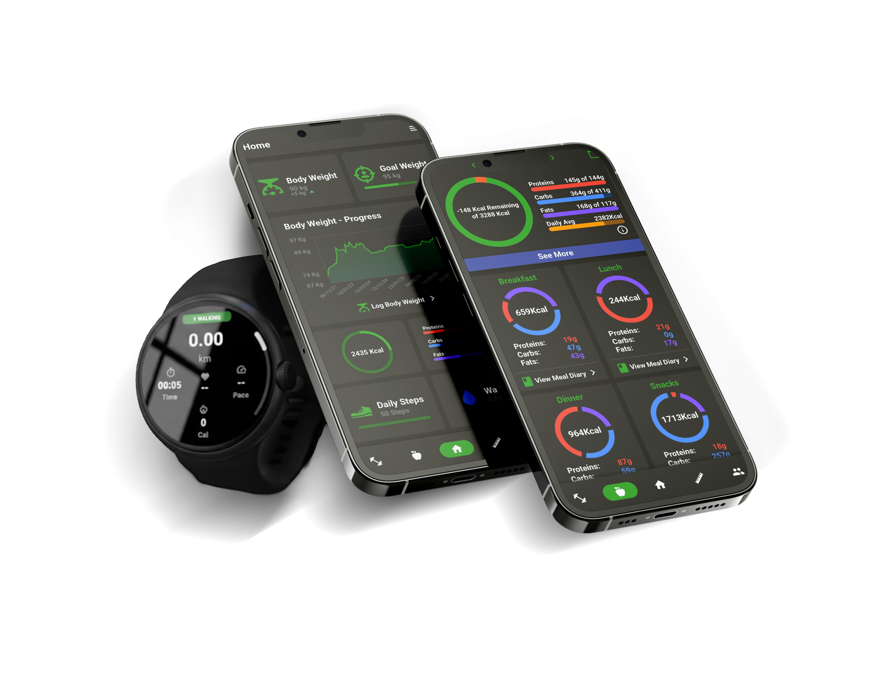 NutriMotion app displayed on two smartphones and a smartwatch