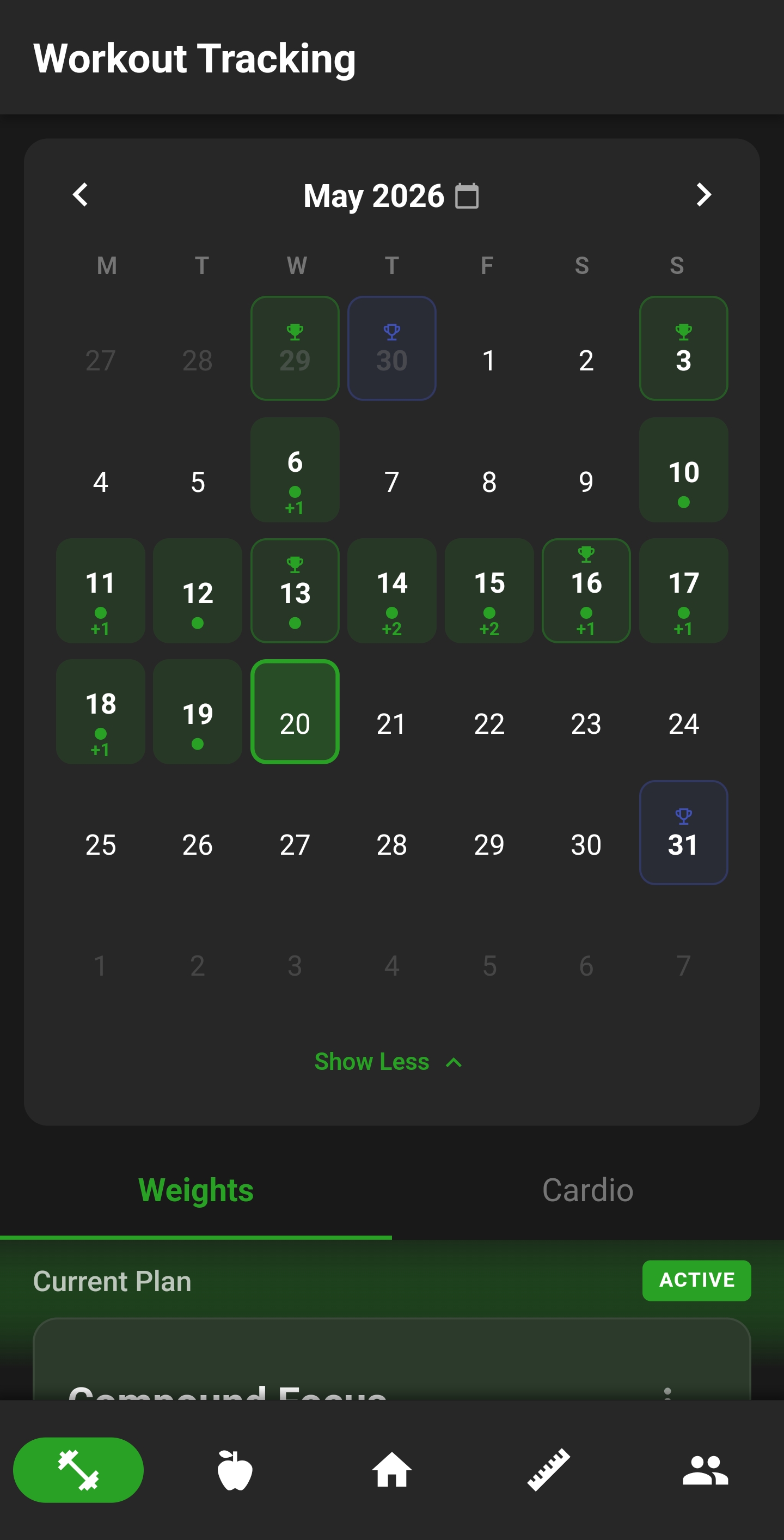 Workout calendar tracking weight and cardio sessions