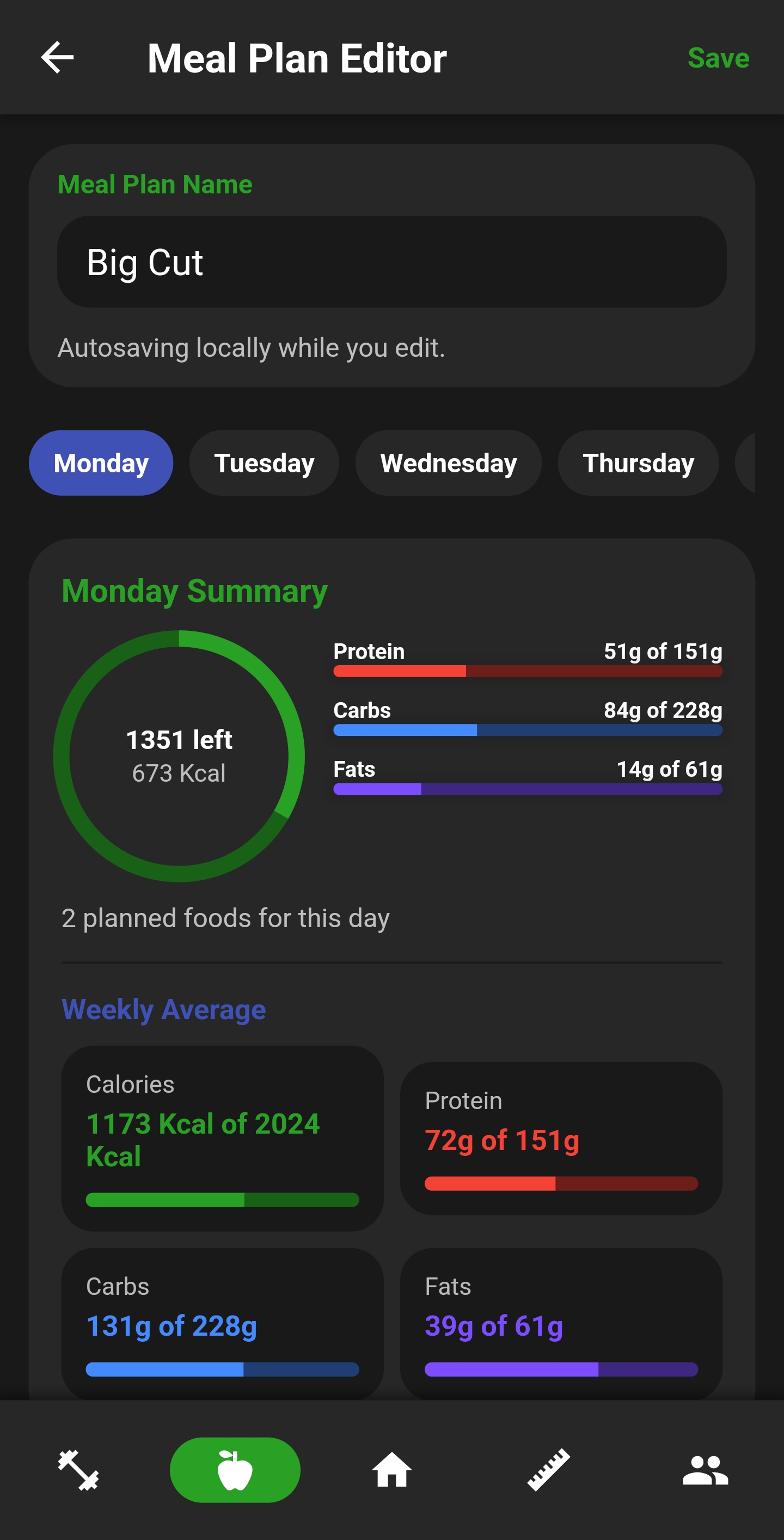 Weekly meal plan editor with daily meal previews