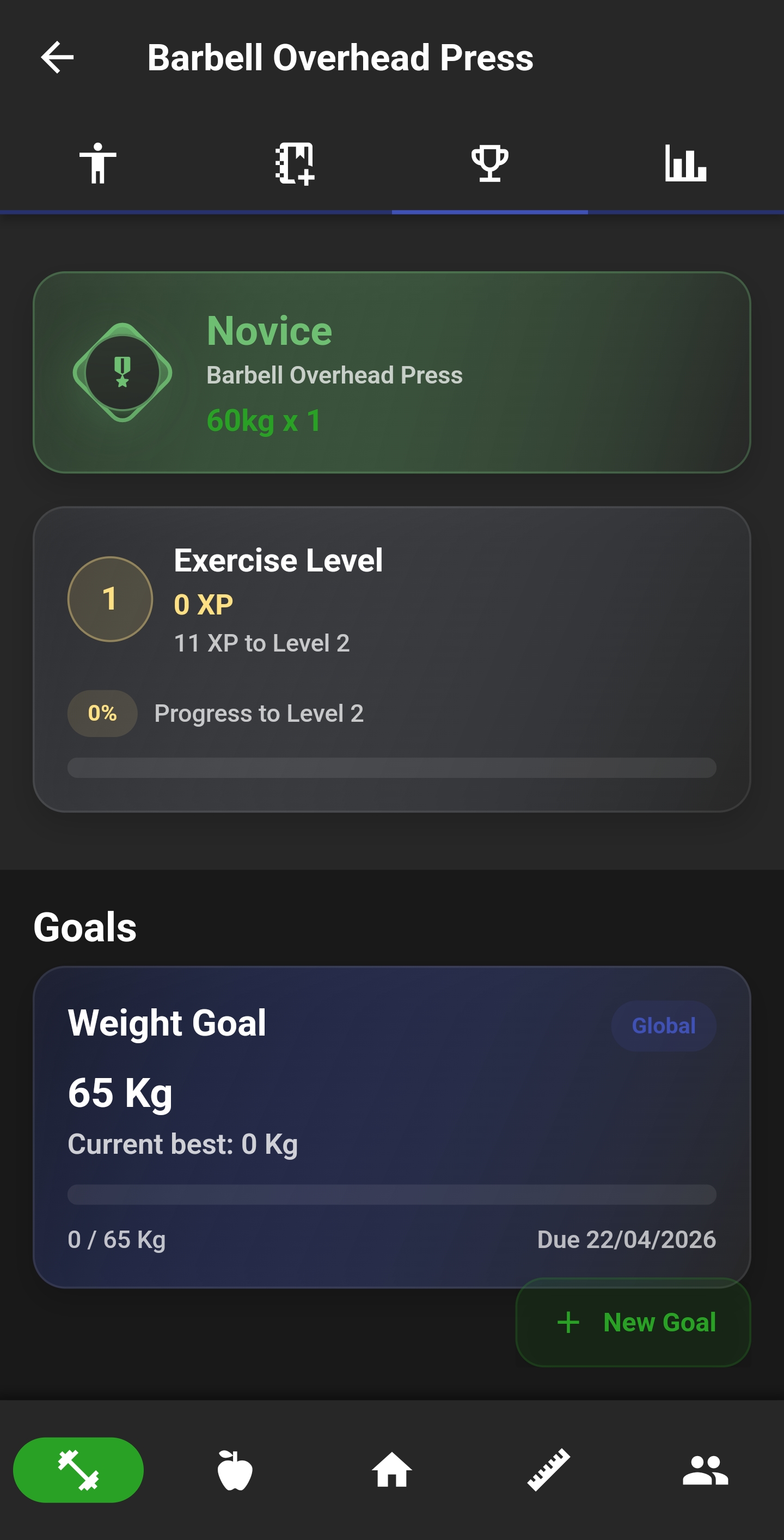 Exercise goals screen