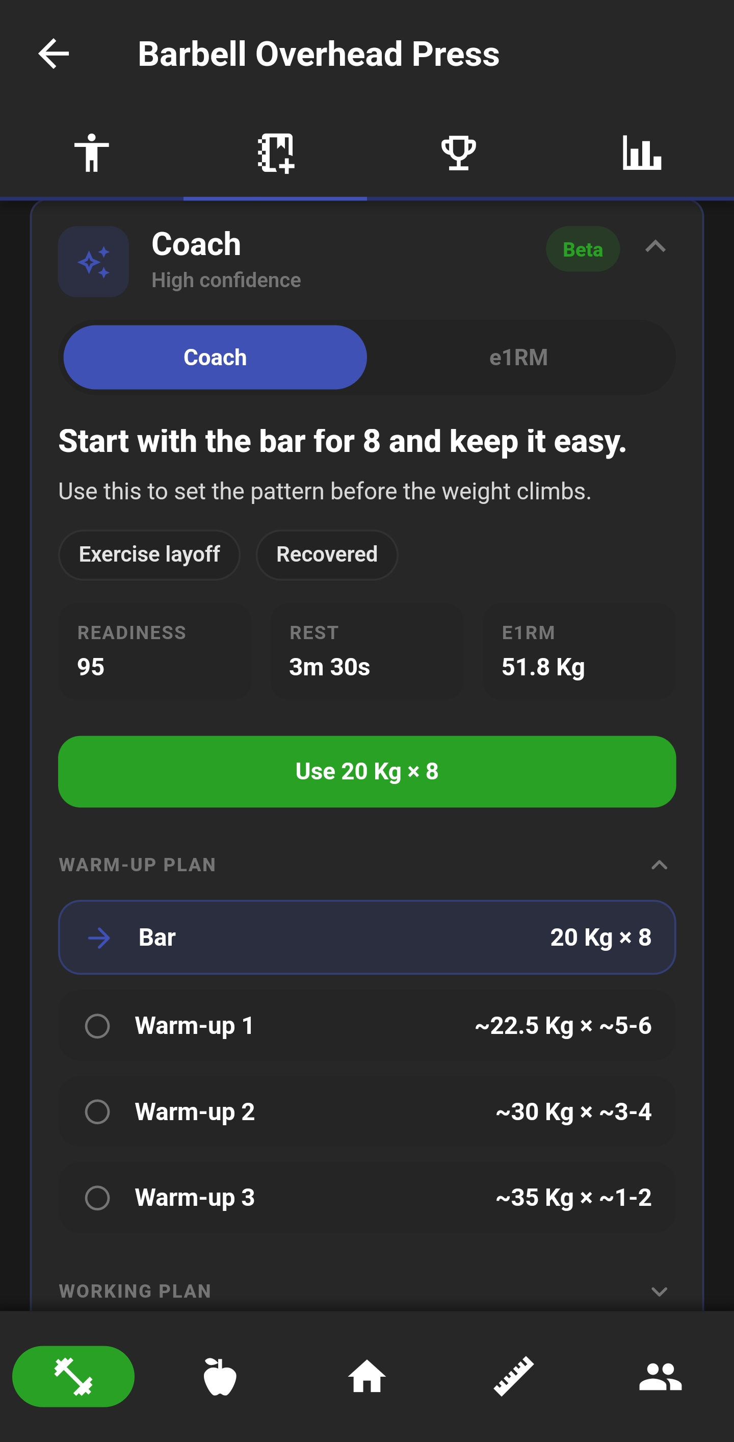 Workout coach suggesting weight and reps during an exercise